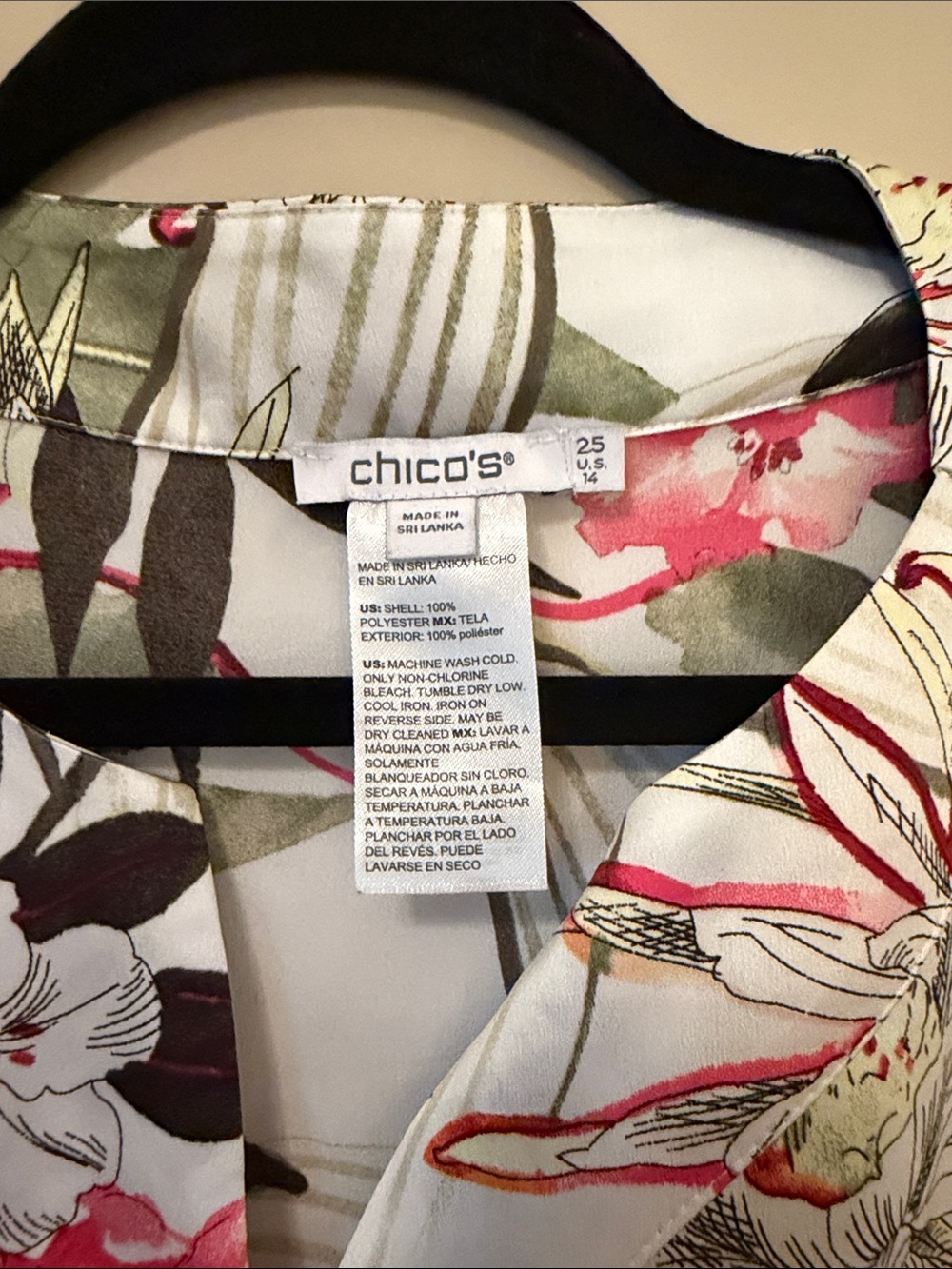 Chico's Cream Shirt with Pink Floral & Olive Leaf Print